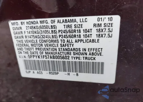 2010 Honda Ridgeline Rtl z USA, uszkodzony, nr VIN 5FPYK1F57AB005602